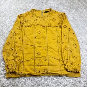 J.Crew Blouse Women's Large Eyelet Ruffle Trim Yellow Boho Cottage Core Coquette